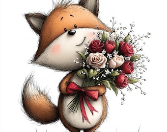 Whimsical Valentines Fox Love Clipart - Heart, Balloon, Roses, & Chocolates (Digital Download - 25 PNGs)