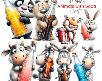 Imágenes prediseñadas de animales con refrescos, bebidas gaseosas con forma de animales, gráficos de personajes de bebidas extravagantes (42 PNG)