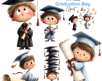 Paquete de imágenes prediseñadas de niños graduados de la escuela, imágenes prediseñadas de niños con diploma de graduación (41 imágenes PNG)