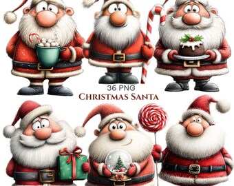 May include: A collection of six cartoon Santa Claus illustrations featuring various poses and accessories, including a candy cane, a green gift box, a snow globe, a Christmas pudding, and a mug. The text 36 PNG CHRISTMAS SANTA is centered.