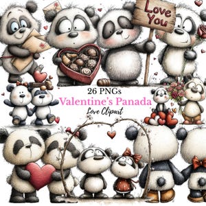 Whimsical Valentines Panda Clipart - Heart, Balloon, Gifts & Flowers (Digital Download - 26 PNGs)