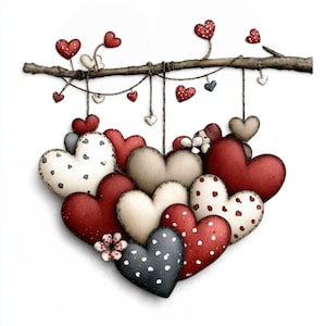Puede incluir: Una composición decorativa de corazones de tela de varios tamaños y patrones. Los corazones son principalmente rojos, blancos y grises, algunos con lunares. Cuelgan de una rama marrón, creando una exhibición encantadora y romántica.
