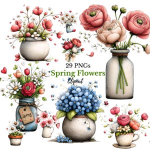 Clipart de flores de primavera en acuarela - Gráficos florales estilo cottagecore (Descarga digital - 29 PNG)