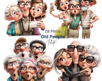 Imágenes prediseñadas de personas mayores divertidas, humor familiar, dibujos animados de abuelos, ilustración de pareja de ancianos (28 imágenes PNG)