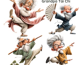 Ilustración de Tai Chi con un abuelo excéntrico, artes marciales para ancianos y kung fu divertido para personas mayores (34 imágenes PNG).