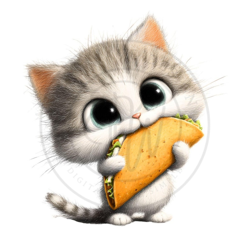 May include: A digital illustration of a cute kitten with big blue eyes, holding and eating a taco. The kitten is gray and white with a fluffy appearance. The taco has a golden shell and is filled with lettuce and other ingredients.