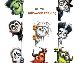 May include: A collection of 31 PNG Halloween Peeking digital illustrations featuring cartoon characters including a green monster, a vampire, a mummy, a ghost, a red devil, and a green furry creature, all peering from behind a white edge.