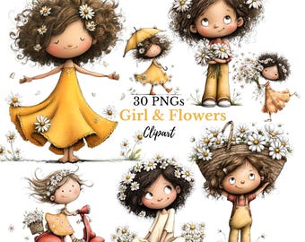 Whimsical Girl & Flower Spring Clipart |  Spring and Nursery Graphics | Floral Illustration (Digital Downloads - 30 PNGs)