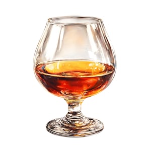 May include: A clear, stemmed brandy snifter filled with amber-colored liquid. The glass has a wide bowl and a short stem, with the liquid reflecting light. The background is plain white, emphasizing the glass and its contents.