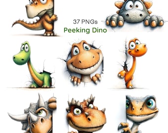 Imágenes prediseñadas de dinosaurios asomándose caprichosos, dinosaurio asomándose divertido, gráficos de dinosaurios para guardería (37 imágenes PNG con fondo blanco)