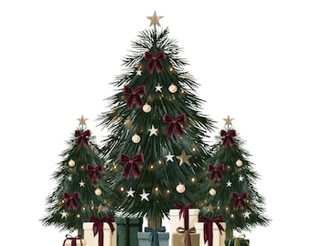 May include: Three dark green Christmas trees decorated with small white star ornaments, round cream-colored baubles, and deep burgundy velvet bows. Each tree is topped with a gold star. A collection of wrapped gift boxes sits at the base.