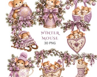 30 PNG Vintage Christmas Purple Mouse Clipart, Lavender Mice Cozy Holiday, Commercial Use