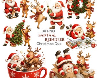 May include: A collection of 38 PNG digital illustrations featuring Santa Claus and reindeer in various Christmas scenes, including decorating a tree, holding a wreath, popping champagne, sitting in a cocoa mug, and playing with gift boxes.