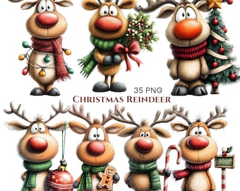 May include: A collection of seven cartoon reindeer illustrations featuring red noses, antlers, and festive accessories like scarves, Christmas lights, a decorated tree, a gingerbread man, a candy cane, and a sign, with the text 35 PNG CHRISTMAS REINDEER.
