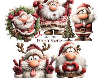 May include: A collection of five cartoon Santa Claus characters in various poses, including one in a wreath, one holding a sweater, one with arms crossed, one making a peace sign with tongue out, and one forming a heart shape, with the text 37 PNG FUNNY SANTA.