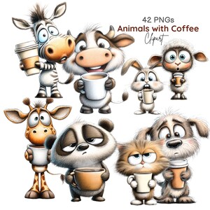 Animali con il caffè - Clipart, Animale stravagante, assonnato e scontroso, Amante del caffè, Grafica per la cameretta (42 PNG)