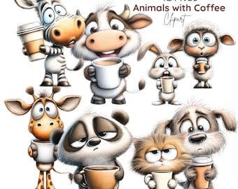 Imágenes prediseñadas de animales con café, animalito gruñón y soñoliento, amante del café, gráficos para guardería (42 PNG)