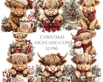 May include: A collection of digital illustrations featuring fluffy Highland cows in various Christmas settings, including Santa hats, wreaths, mugs with cocoa, a snowman, and festive red bows, with the text CHRISTMAS HIGHLAND COW 32 PNG.