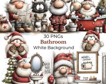 May include: A whimsical digital illustration featuring Santa Claus characters in bathroom settings. The image includes text that reads "30 PNGs Bathroom White Background". The characters are in various poses, with a Christmas theme.