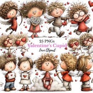 Nyckfull Alla hjärtans dag Cupid Kärlek Clipart - Hjärta, Ballong, Blommor och Pilar (Digital Nedladdning - 25 PNG-bilder)