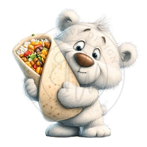 May include: A cartoon illustration of a white teddy bear holding a large burrito. The burrito is filled with rice, vegetables, and meat. The bear has a brown nose, blue eyes, and a slightly worried expression. The image is set against a white background.