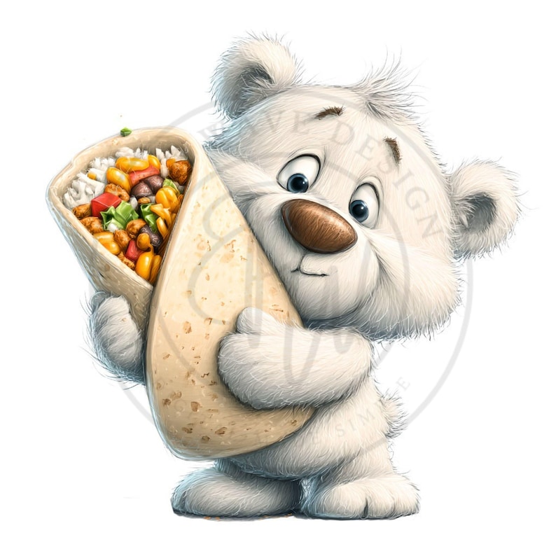 May include: A cartoon illustration of a white teddy bear holding a large burrito. The burrito is filled with rice, vegetables, and meat. The bear has a brown nose, blue eyes, and a slightly worried expression. The image is set against a white background.