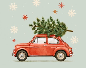 May include: A red vintage car is depicted in profile, carrying a green pine tree on its roof. The scene is set against a light sage green background, decorated with scattered white snowflakes and small red and orange star-shaped accents.