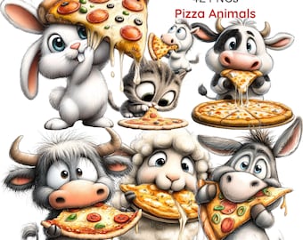 Imágenes prediseñadas de animales con pizza, divertidos gráficos de animales comiendo pizza (42 PNG)