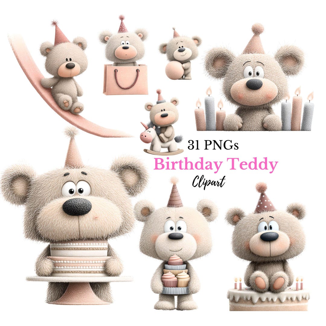 Whimsical Pink Teddy Bear Birthday Clipart | Nursery PNG Bundle ...