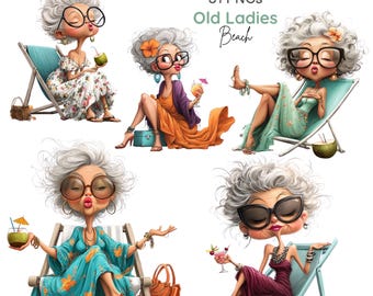 Imágenes prediseñadas de ancianas divertidas, abuelas atrevidas, mujeres de vacaciones en la playa, ilustración de abuela peculiar (31 PNG)