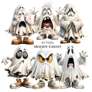 May include: A collection of six cartoon ghost characters in white sheets with tattered edges, wearing various sneakers. The text 40 PNGs MOODY GHOST is centered. Each ghost displays a different facial expression, including shock, anger, and confusion.