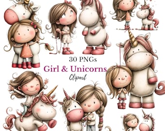 Whimsical Girl & Unicorn Clipart - Cute Magical Unicorn Art for Nursery,  Birthday Invitation, Baby Shower (Digital Downloads - 30 PNGs)