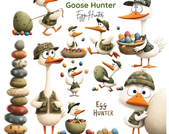Goose Egg Hunter Clipart, Whimsical Funny Easter Goose Bundle (38 PNGs Digital Downloads)