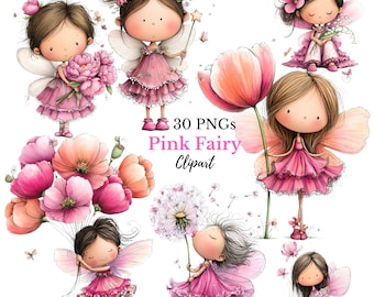 Clipart de Hada Rosa Fantasiosa - Arte de Hadas Mágico y Adorable para la Guardería y la Primavera (Descargas Digitales - 30 PNG)