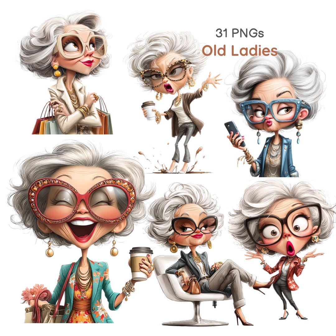 Sassy Fashion Granny Clipart Bundle, Whimsical Older Women PNG Set (31 ...