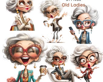 Paquete de imágenes prediseñadas de abuelas con estilo, conjunto de imágenes PNG de mujeres mayores con un toque original (31 imágenes PNG)