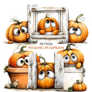May include: A digital illustration set featuring orange pumpkins with large expressive eyes peeking from behind white wooden frames, a terracotta pot, and a white bucket. The text 38 PNGs PEEKING PUMPKINS is centred in the image.