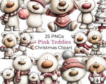 Puede incluir: Una colección de 25 PNGs con adorables osos de peluche blancos con varios atuendos y accesorios navideños. Los osos están representados con bufandas, gorros y suéteres rosas, sosteniendo adornos, coronas y cupcakes. También se ve el texto "Pink Teddies Christmas Clipart".