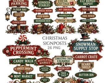 26 PNG Christmas Signposts Clipart, North Pole Signpost, Rustic Holiday Signs, Commercial Use