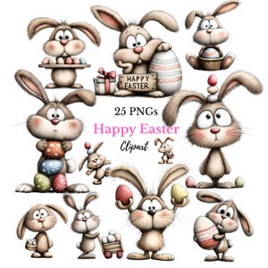 Puede incluir: Una colección de imágenes prediseñadas de conejitos de Pascua de dibujos animados. Los conejitos están en varias poses, sosteniendo huevos de Pascua, cestas y regalos. El texto "Happy Easter Clipart" se muestra en rosa y negro.