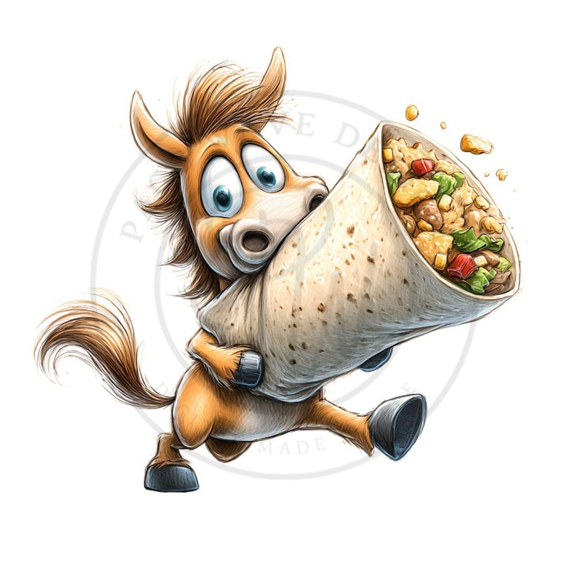 May include: A cartoon illustration of a brown horse with a light brown mane and tail, holding a large burrito. The burrito is filled with rice, vegetables, and meat. The horse has big blue eyes and is running.