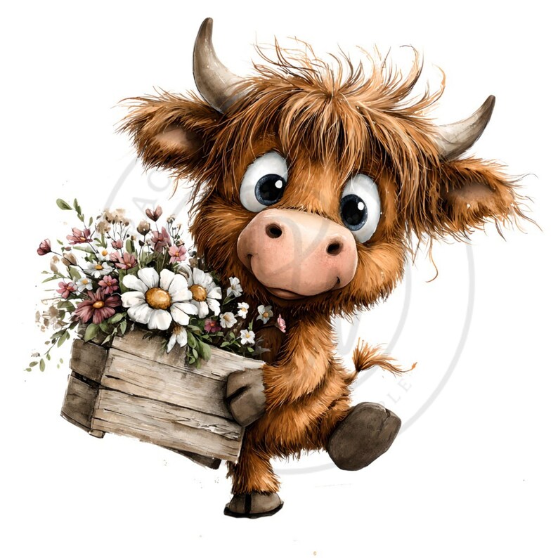 May include: A whimsical illustration of a Highland cow calf holding a wooden crate overflowing with flowers. The calf has brown fur, large blue eyes, and small horns. The flowers include daisies and other wildflowers in shades of pink, white, and purple.