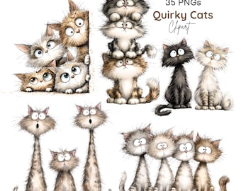 Quirky Cat Clipart | Whimsical Cartoon Felines for Crafts (35 Digital Downloads)