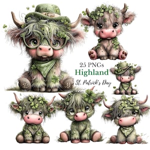 May include: A collection of watercolor illustrations of Highland cows, each adorned with shamrocks and St. Patrick's Day attire. Some wear hats and glasses. The text "25 PNGs Highland St. Patrick's Day" is also included.