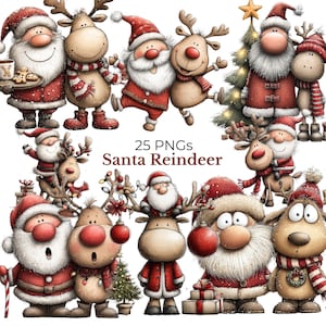 May include: A selection of cartoon illustrations featuring Father Christmas and reindeer. Father Christmas is shown in his traditional red suit and hat, while the reindeer have antlers and festive scarves. The text "25 PNGs Santa Reindeer" is also visible.
