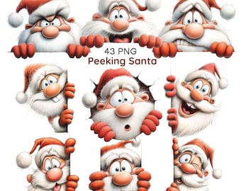 43 Whimsical Peeking Santa Clipart, Funny Festive Christmas Santa Digital Download