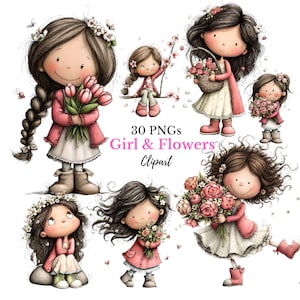 May include: Digital clipart featuring several cartoon girls with flowers. The girls are wearing pink and white dresses and holding bouquets of flowers. The text "30 PNGs Girl & Flowers Clipart" is also visible.