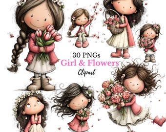 May include: Digital clipart featuring cartoon girls with flowers. The girls wear pink and white dresses, holding bouquets. The image includes the text "30 PNGs Girl & Flowers Clipart".