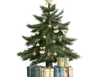 May include: A dark green Christmas tree decorated with gold star ornaments and cream-colored bows. A large gold star sits at the top. Several rectangular gift boxes in shades of dark green, cream, blue, and light brown are stacked at the base.