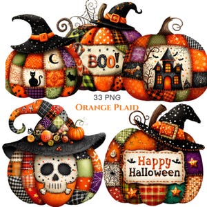 May include: A digital collection of 33 PNG files featuring pumpkins with patchwork patterns in orange, black, and purple. Designs include witch hats, a skull, a haunted house, and text reading BOO! and Happy Halloween on a white background.